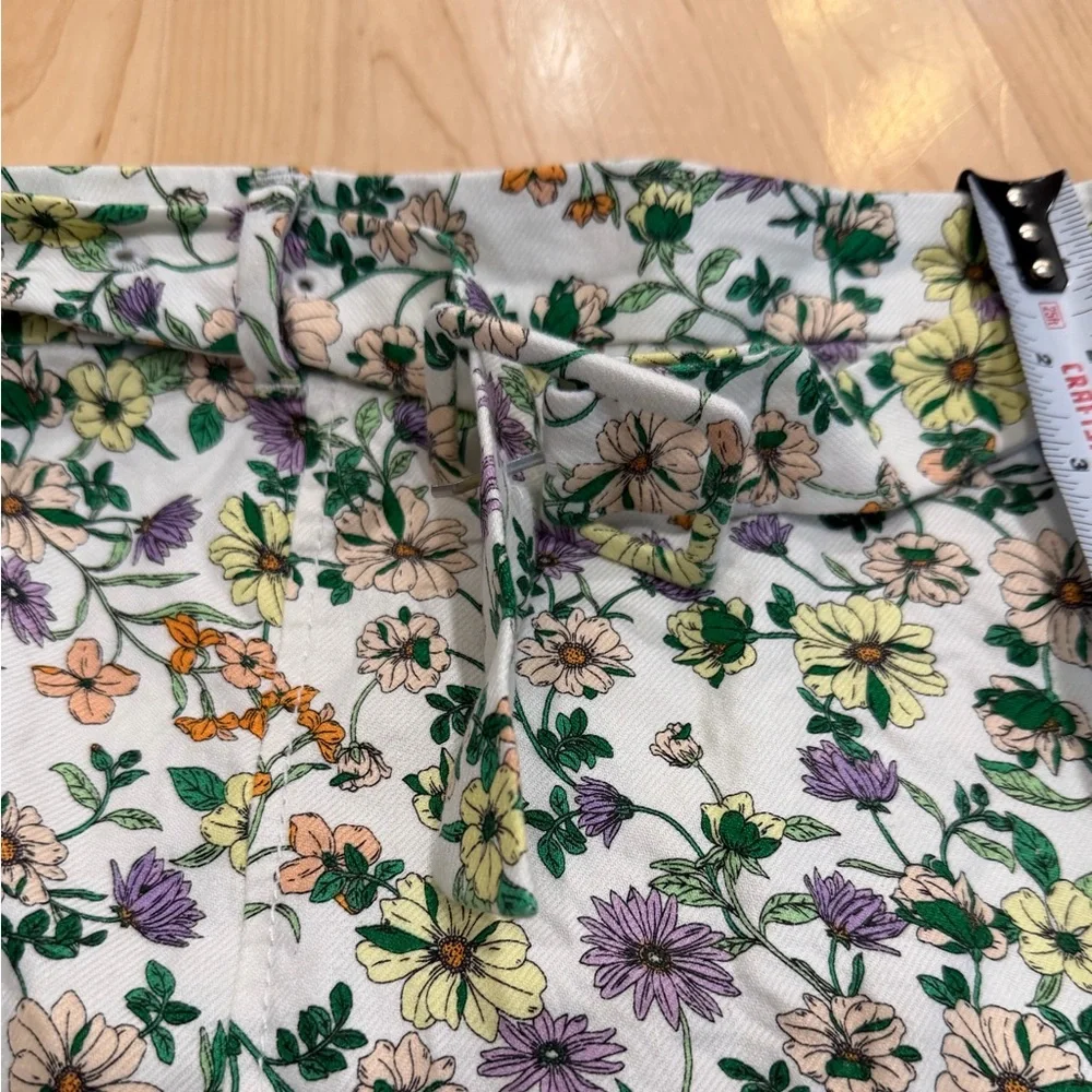 LOFT White Floral Drawstring Mini Skirt with Green, Purple & Orange Accents